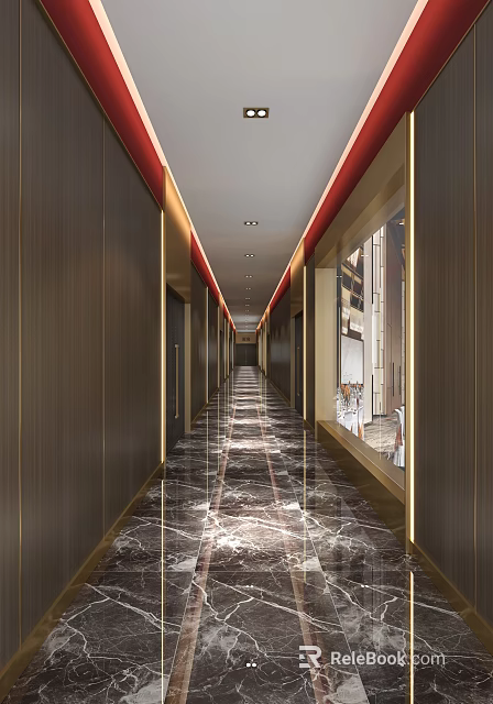 Elegant Hotel Corridor Interior With Dark Brown Walls Red Trim And Marble Flooring 3d model 