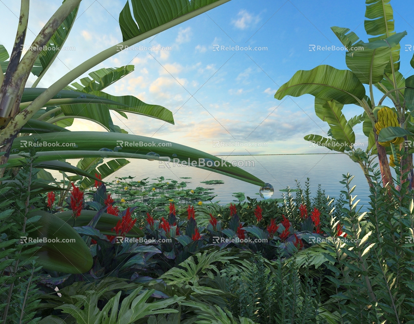 Lotus Waterfront Waterscape Rivers and Lakes Morning Atmosphere Shrubs Green Planting Small Scenes Flowers and Grasses Dewdrops 3d model