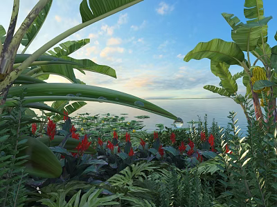 Lush Shrubs With Red Flowers And Green Leaves By Water Under Blue Sky And Clouds 3d model