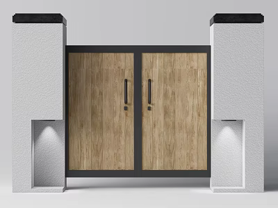 Modern Entrance Gate With Wooden Design Black Frame White Pillars And Recessed Side Lights 3d model