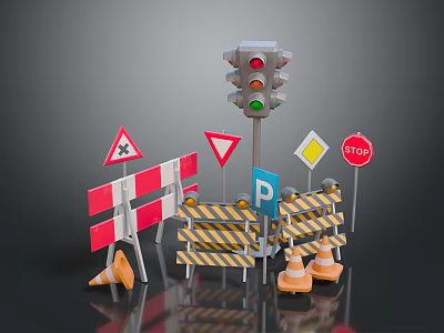 Traffic Control Equipment With Light Stop Yield Signs Barriers And Cones 3d model