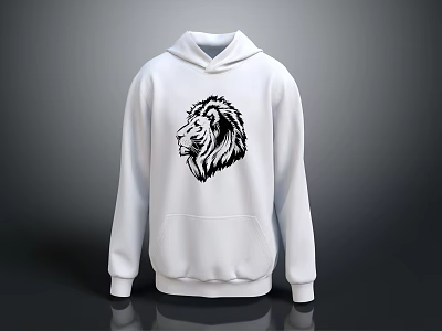 Stylish White Hoodie Featuring Black Lion Head Graphic Design For Casual Outfits 3d model