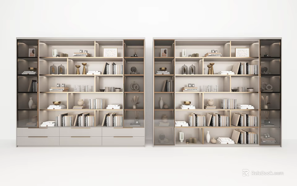 Double White Bookcase with Multi-layer Shelves Books Decorative Items and Storage Boxes 3d model