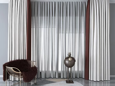 Modern Layered Curtains In Neutral Tones With Living Room Accent Chair And Decor 3d model