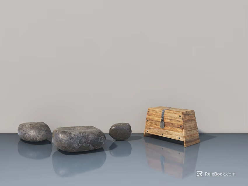 Wooden Hinged Door With Metal Hinges On Gray Reflective Floor And Gray Stones 3d model 