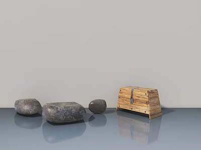 Wooden Hinged Door With Metal Hinges On Gray Reflective Floor And Gray Stones 3d model