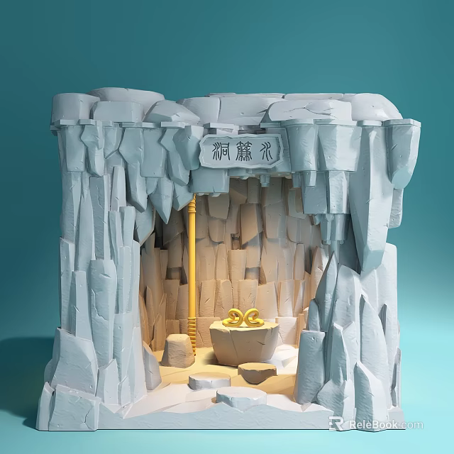 Chinese Traditional Golden Decorative Light in Rock-like Ornamental Cave Setting 3d model 