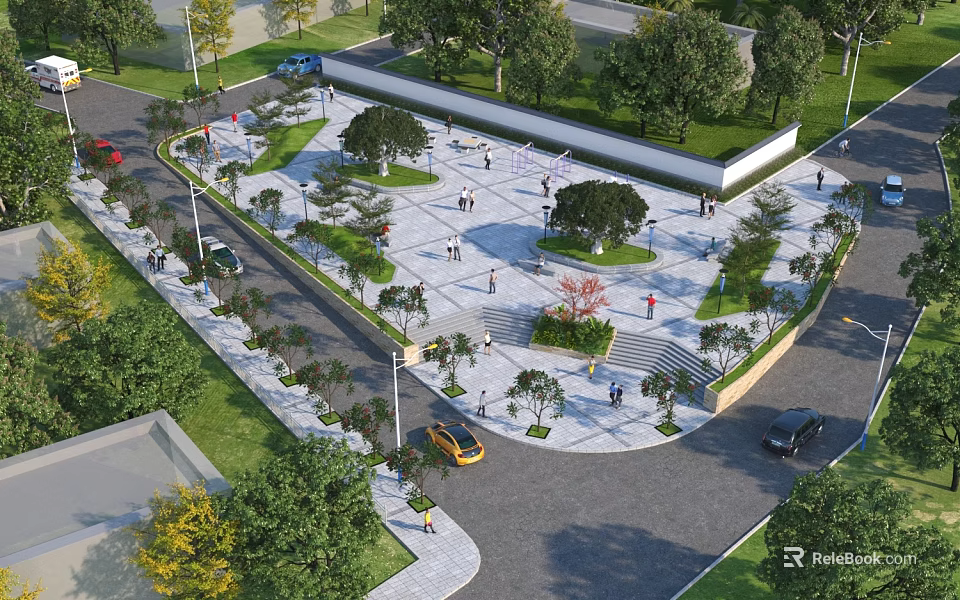 Scenic Urban Park Landscape With Open Square Green Trees Walking Paths And Pedestrians 3d model 