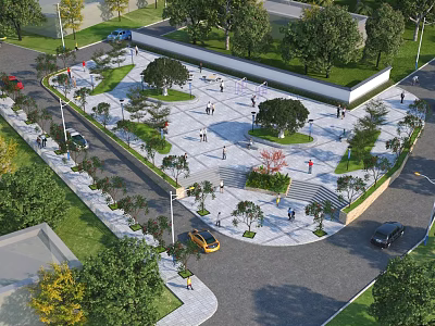 Scenic Urban Park Landscape With Open Square Green Trees Walking Paths And Pedestrians 3d model