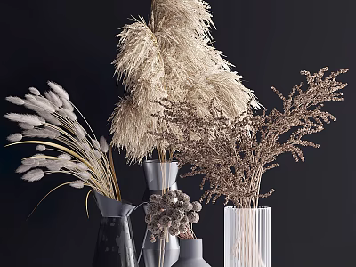 Various Dried Plants Arranged in Glass and Metal Vases for Home Decor 3d model