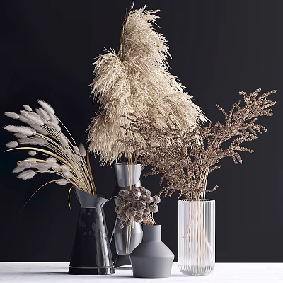 Various Dried Plants Arranged in Glass and Metal Vases for Home Decor 3d model