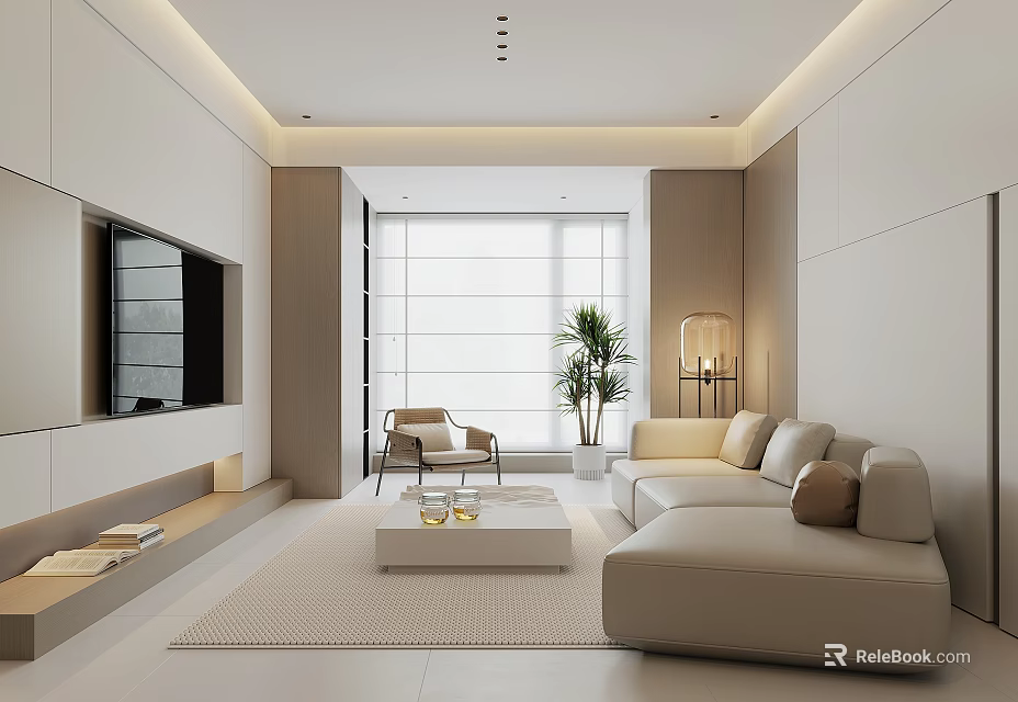 Modern Minimalist Living Room Interior With Beige Sofa Floor To Ceiling Window And Coffee Table 3d model 