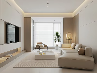 Modern Minimalist Living Room Interior With Beige Sofa Floor To Ceiling Window And Coffee Table 3d model