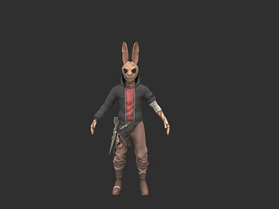 Game And Movie Character With Rabbit Head Black Coat Red Inner Brown Pants And Gun 3d model