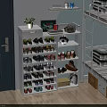White Multi tiered Shoe Cabinet With Decorative Plants Photo Frame And Handbag Organizing Various Shoes