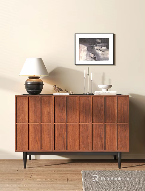 Modern Wooden Entryway Side Cabinet With Table Lamp Bird Decor And Wall Art 3d model 