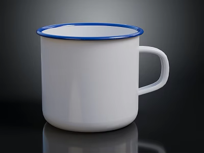 White Enamel Mug With Blue Rim And Handle For Daily Household Use 3d model