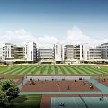Modern School Building Campus With Green Roofs River Sports Field And Trees