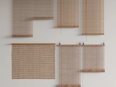 Various Styles of Natural Material Window Blinds Mounted on White Wall 3d model