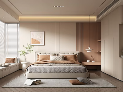 Modern Bedroom Interior Design With Large Bed Decorative Painting Window Bench And Potted Plant 3d model