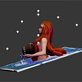 Red Haired Female Holding Water Jug Pouring Water In Blue Pool With Floating Diamond Shapes