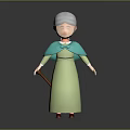 3D Elderly Woman Character With White Hair Green Dress And Turquoise Shawl Holding Cane Standing