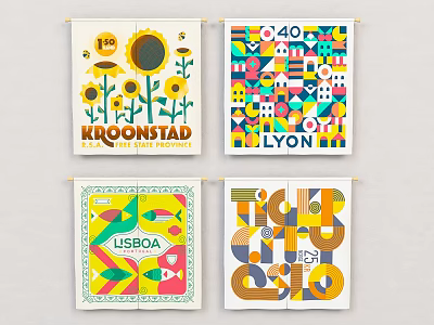 Artistic Wall Flags With Sunflower Geometric Floral Patterns And City Names 3d model