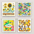Artistic Wall Flags With Sunflower Geometric Floral Patterns And City Names
