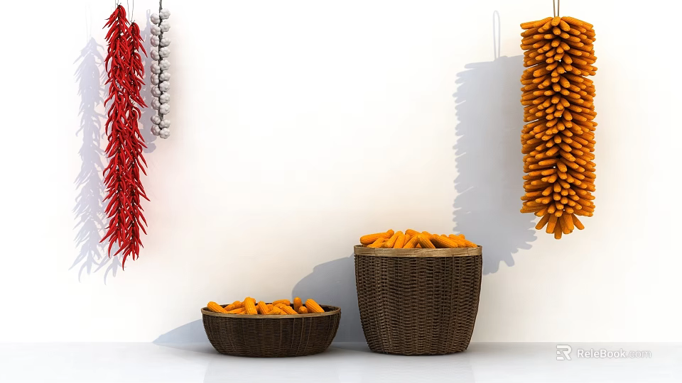 Red Chili Peppers Garlic Strings And Carrots In Woven Baskets On White Wall 3d model 