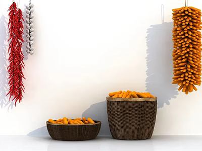 Red Chili Peppers Garlic Strings And Carrots In Woven Baskets On White Wall 3d model