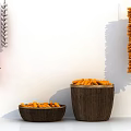 Red Chili Peppers Garlic Strings And Carrots In Woven Baskets On White Wall