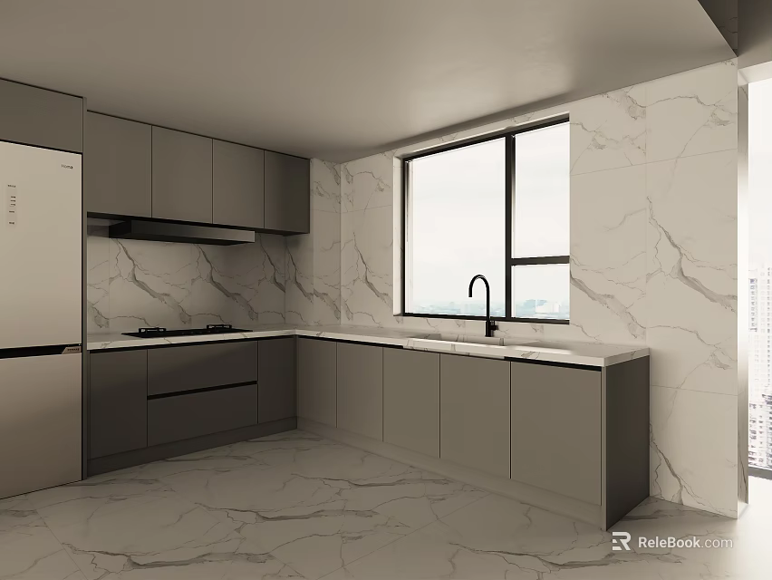 Modern Kitchen Featuring Gray Cabinets Marble Countertop Stove Sink And Window 3d model