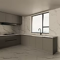 Modern Kitchen Featuring Gray Cabinets Marble Countertop Stove Sink And Window 3d model
