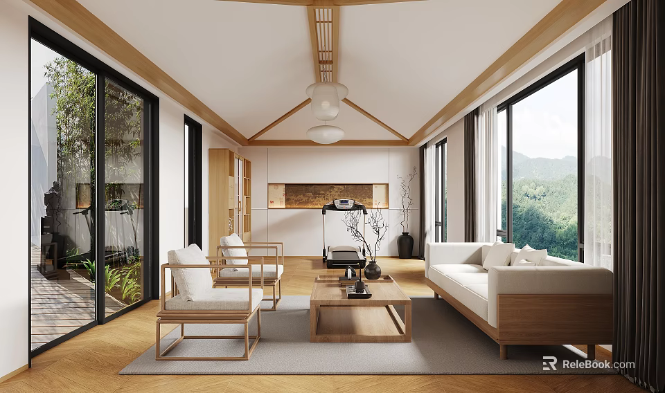 Tranquil Living Room With Ceiling Design Large Windows Natural View Wooden Furniture And Cozy Sofa 3d model 