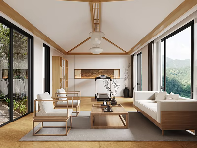 Tranquil Living Room With Ceiling Design Large Windows Natural View Wooden Furniture And Cozy Sofa 3d model