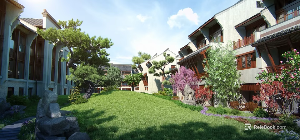 Modern Chinese Style Townhouse with Lush Green Lawn and Trees in Scenic Courtyard 3d model 