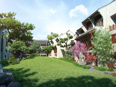 Modern Chinese Style Townhouse with Lush Green Lawn and Trees in Scenic Courtyard 3d model
