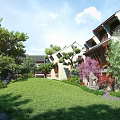 Modern Chinese Style Townhouse with Lush Green Lawn and Trees in Scenic Courtyard