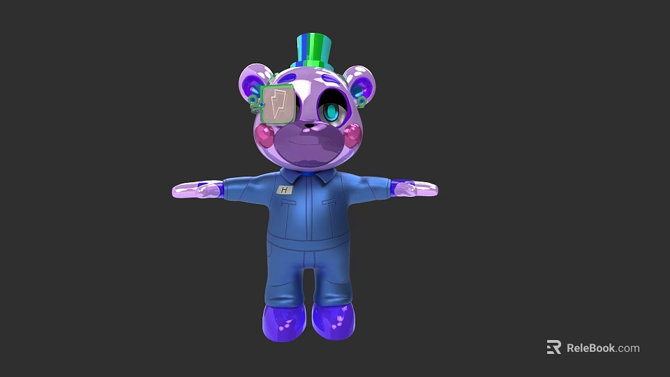 Purple Bear Game Movie Character With Green Purple Hat Blue Jumpsuit Big Eyes Outstretched Arms 3d model 