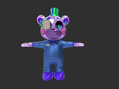 Purple Bear Game Movie Character With Green Purple Hat Blue Jumpsuit Big Eyes Outstretched Arms 3d model