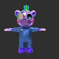 Purple Bear Game Movie Character With Green Purple Hat Blue Jumpsuit Big Eyes Outstretched Arms