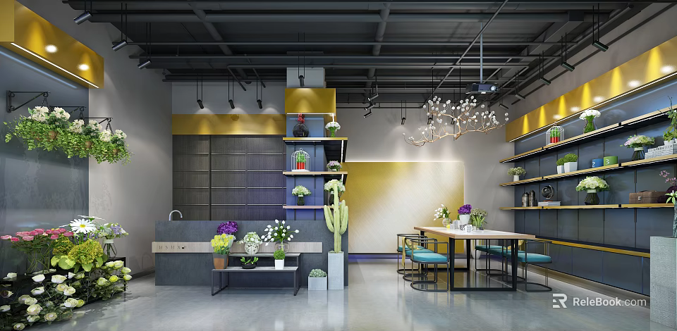 Modern Kitchen Store Showroom With Open Shelves Green Plants And Pendant Lights 3d model 
