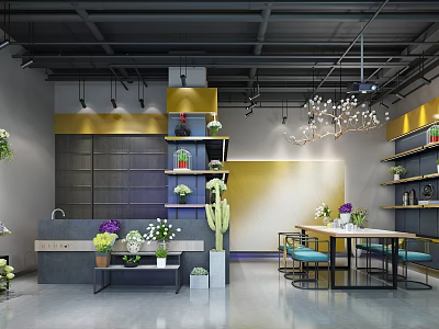 Modern Kitchen Store Showroom With Open Shelves Green Plants And Pendant Lights 3d model