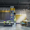 Modern Kitchen Store Showroom With Open Shelves Green Plants And Pendant Lights