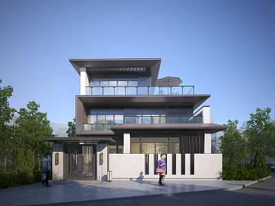 Modern Two Story Detached Villa With Glass Windows Balcony Terrace And Lush Greenery 3d model