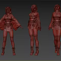 Three Angles Female 3D Character Wearing Dark Kimono With Pink Hair Accessory And Long Boots