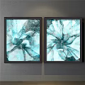 Two Panel Landscape Paintings with Single Tree Floral Pattern Background Dark Frame Soft Blue Green Tones 3d model