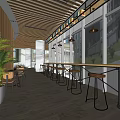 Modern Style Café With Wooden Ceiling Large Windows Indoor Plants Long Tables And Bar Stools
