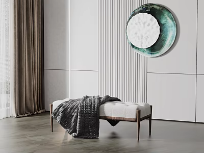 Minimalist Ottoman Bench With Gray Blanket Wooden Legs And Decorative Wall Art In Modern Room 3d model