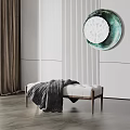 Minimalist Ottoman Bench With Gray Blanket Wooden Legs And Decorative Wall Art In Modern Room
